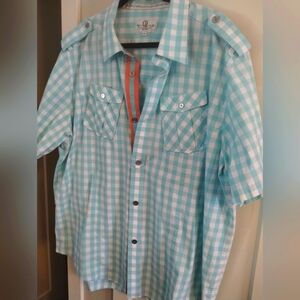Men's CAVI Short Sleeves Button Up Aqua White Gingham Collar Shirt 4x Big Tall